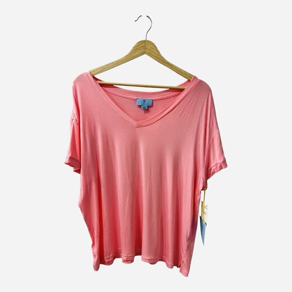 Cece Women’s Pink Begonia V-Neck Short Sleeve Top Size XL Lightweight Casual NWT